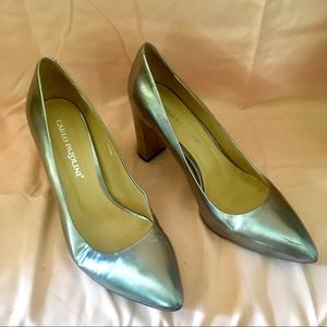 Gunmetal leather pointy toe heels